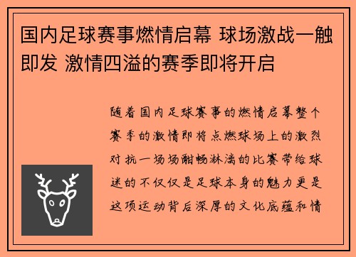 国内足球赛事燃情启幕 球场激战一触即发 激情四溢的赛季即将开启