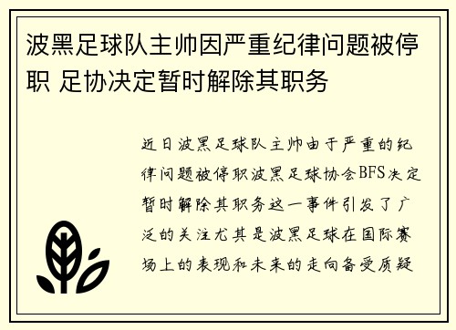 波黑足球队主帅因严重纪律问题被停职 足协决定暂时解除其职务