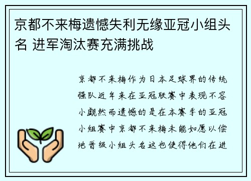 京都不来梅遗憾失利无缘亚冠小组头名 进军淘汰赛充满挑战