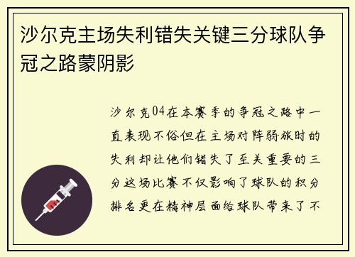 沙尔克主场失利错失关键三分球队争冠之路蒙阴影