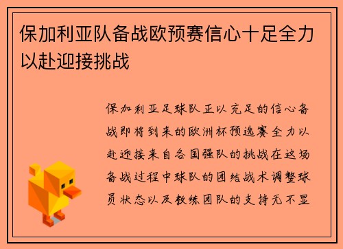 保加利亚队备战欧预赛信心十足全力以赴迎接挑战