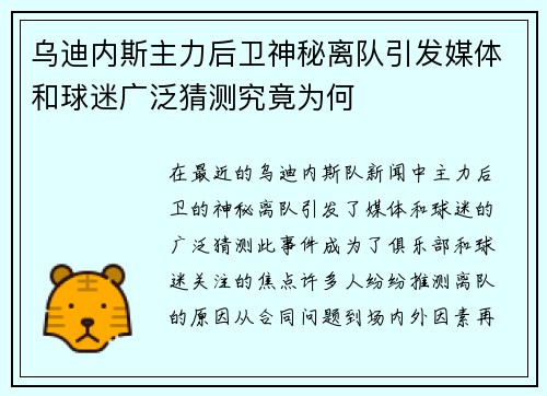 乌迪内斯主力后卫神秘离队引发媒体和球迷广泛猜测究竟为何
