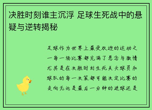决胜时刻谁主沉浮 足球生死战中的悬疑与逆转揭秘